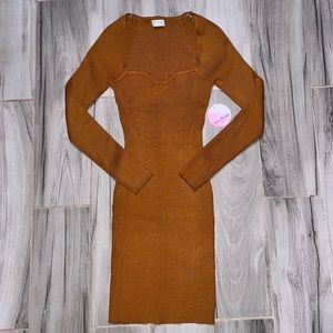 Camel Sweetheart Long Sleeve Mini Dress